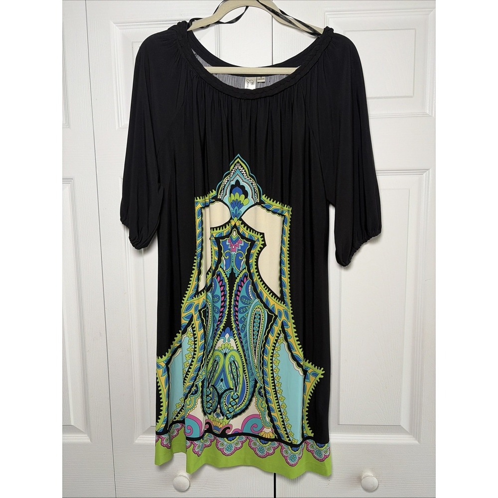 Emma & Michele Paisley Shift Dress Womens Size 12 Black Multi Boho Jersey Mod